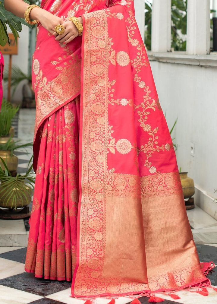 Punch Pink Soft Banarasi Silk Saree with Floral Zari work