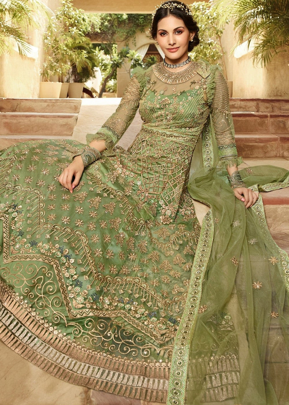 Green Heavy Embroidered Net Anarkali