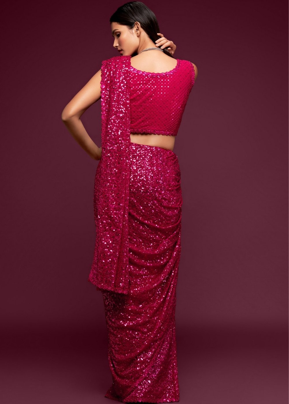 Magenta Pink Sequins & Thread Embroidered Designer Georgette Saree