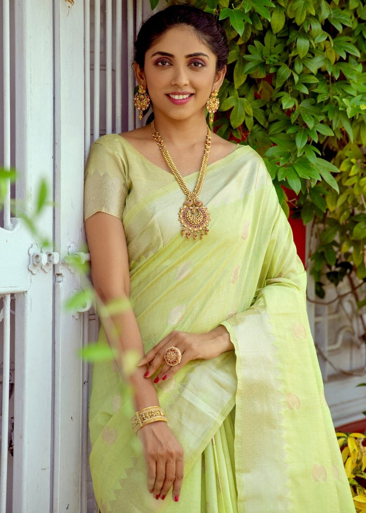 Lime Green Assam Silk Saree with Zari Weaving Butti overall