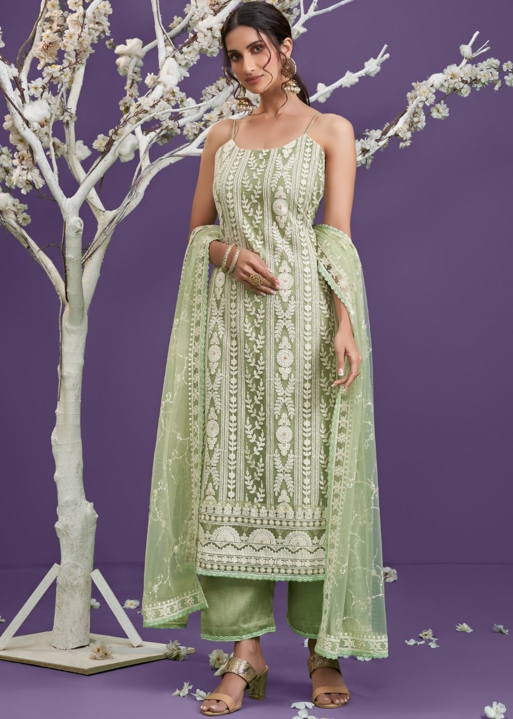 Pista Green Net Lucknowi Salwar Suit with Cotton Thread Embroidery & Sequence work(Pre-Order)