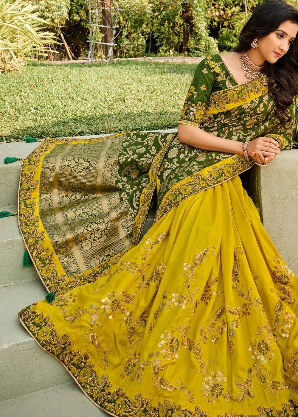 Yellow and Green Half N Half Silk Saree with Embroidered work
