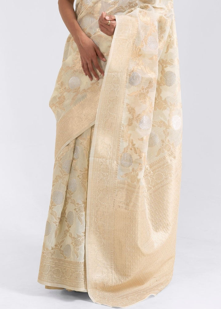 Ivory White Zari Woven Linen Silk Saree
