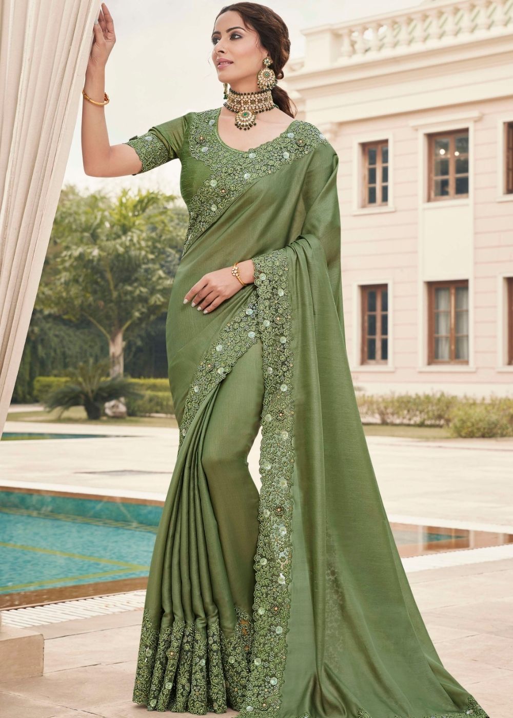 Olive Green Designer Satin Georgette Saree with Embroidery work