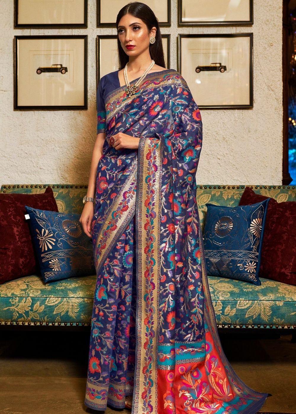Space Blue Banarasi Jamawar Woven Silk Saree : Top Pick – Ethnos Global