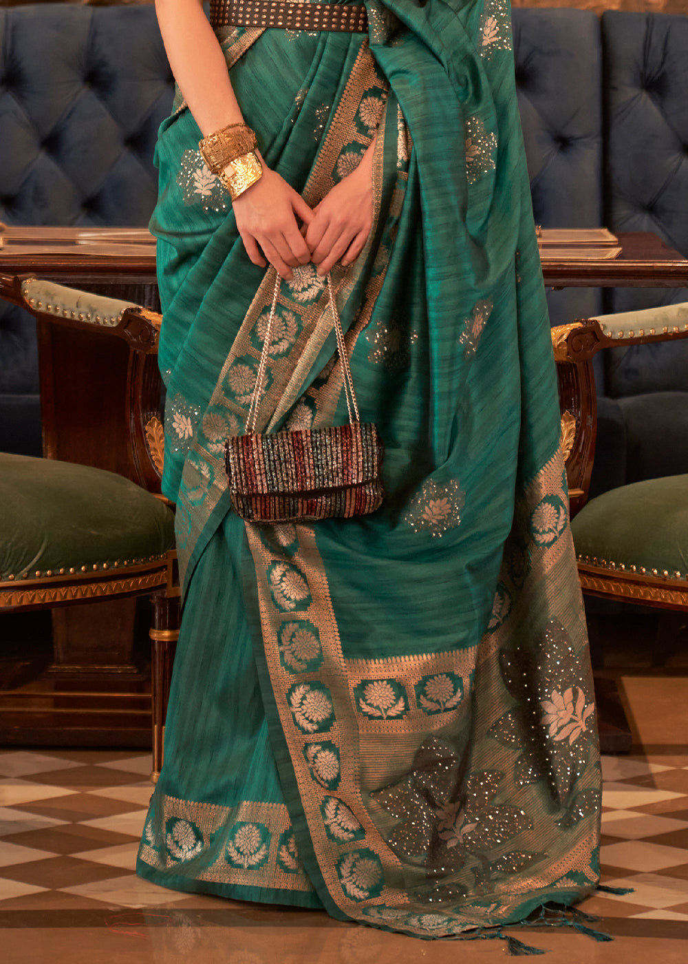 Castleton Green Woven Tussar Silk Saree with Sequins Work
