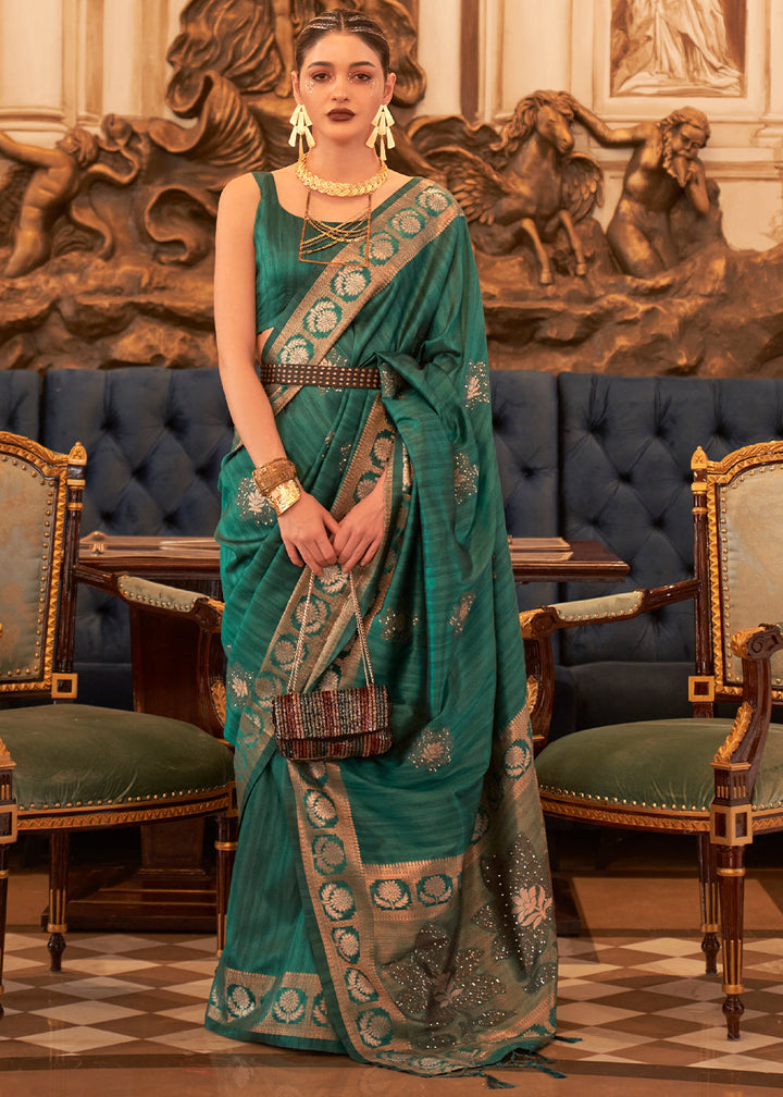 Castleton Green Woven Tussar Silk Saree with Sequins Work