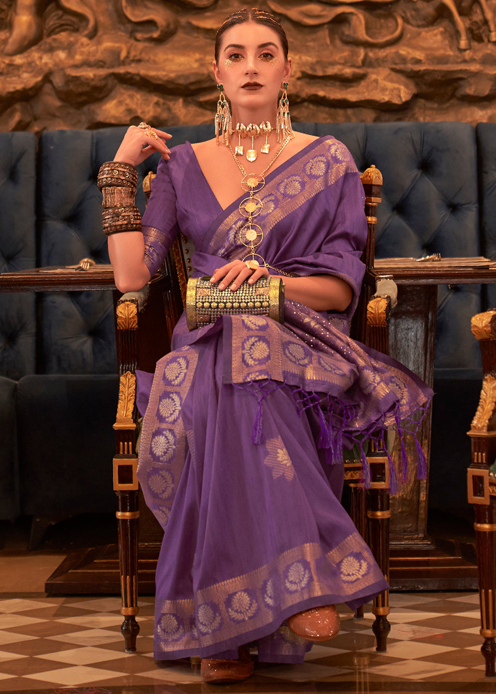 Indigo Purple Woven Tussar Silk Saree with Sequins Work