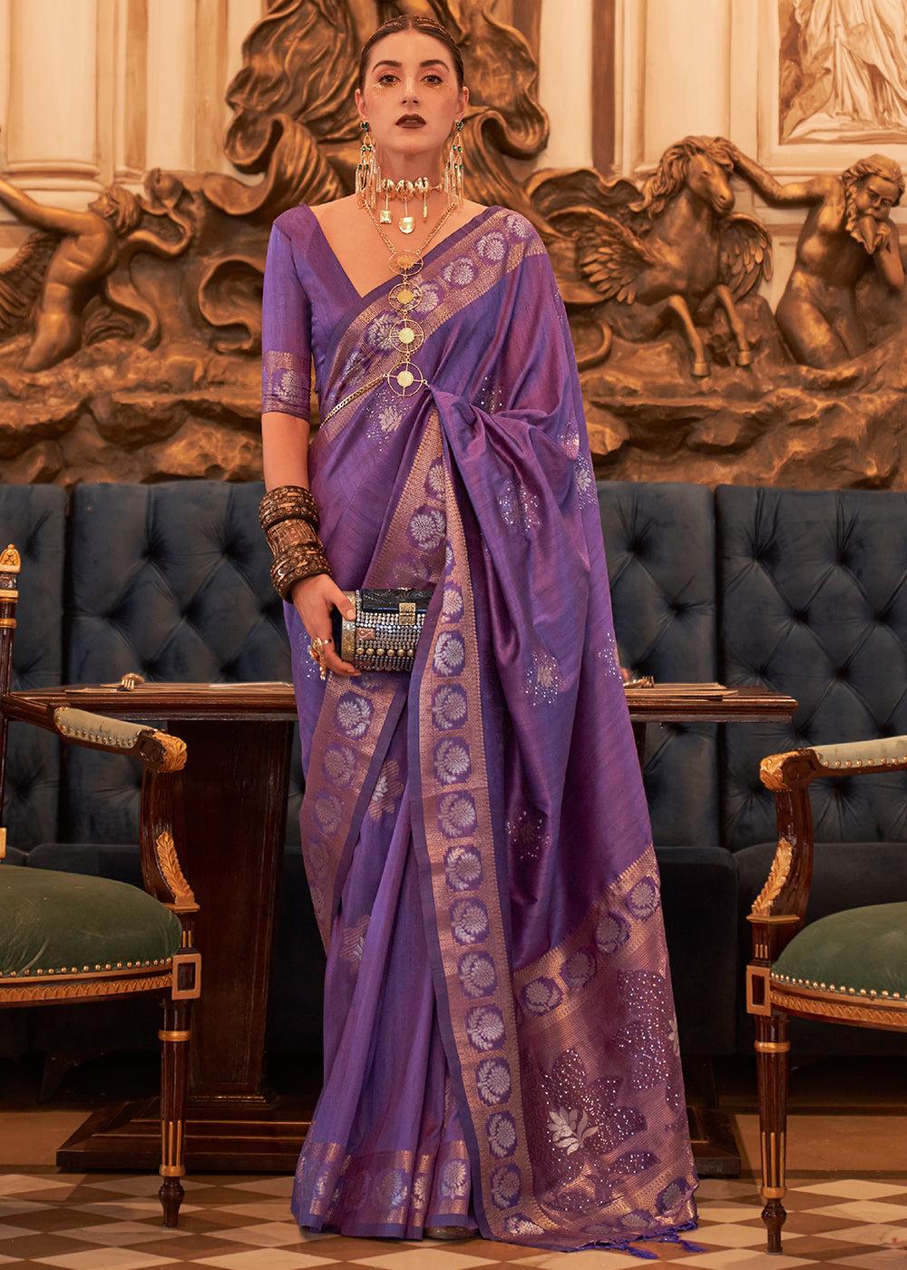 Indigo Purple Woven Tussar Silk Saree with Sequins Work