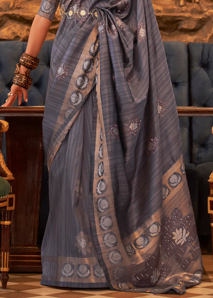 Dark Grey Woven Tussar Silk Saree with Sequins Work