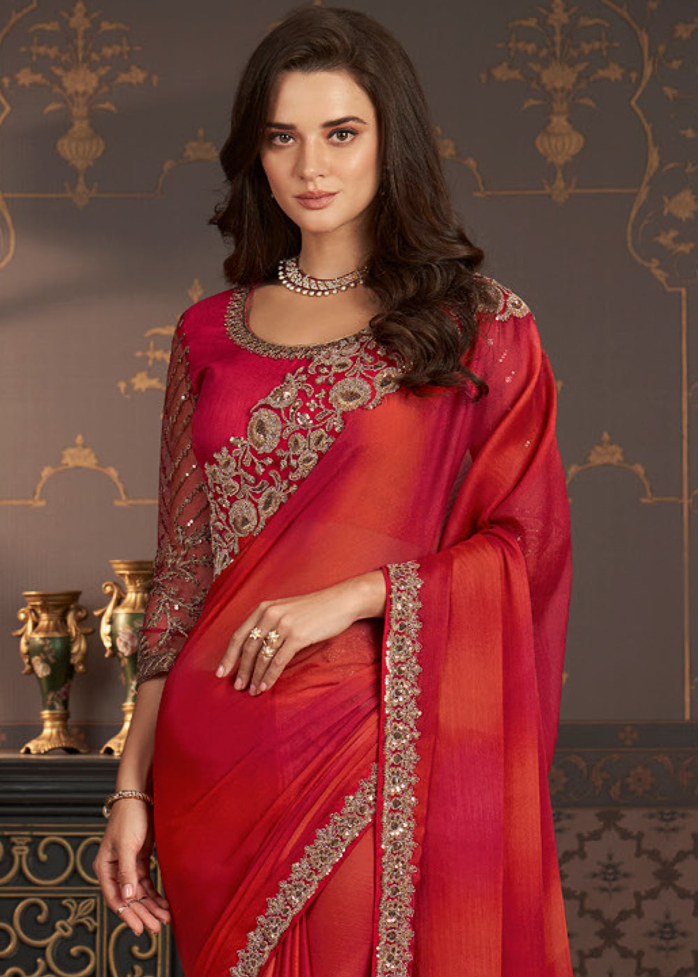 Shades Of Pink & Red Designer Embroidered Chiffon Silk Saree