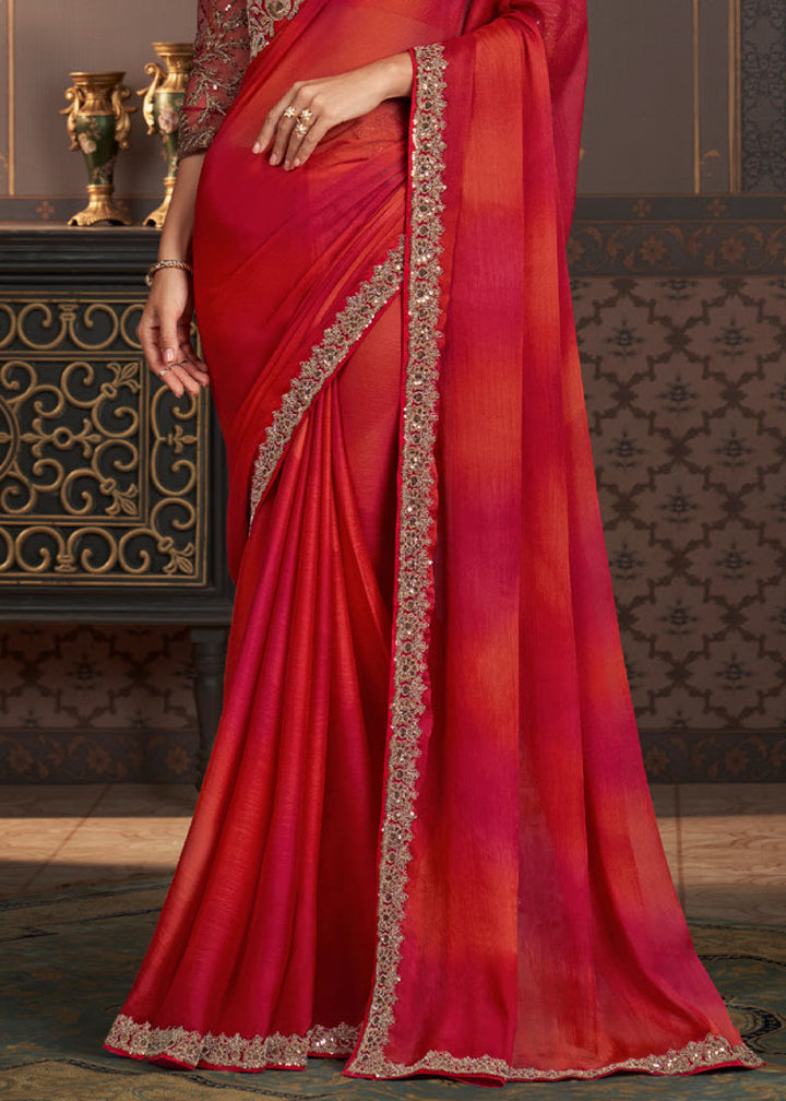 Shades Of Pink & Red Designer Embroidered Chiffon Silk Saree