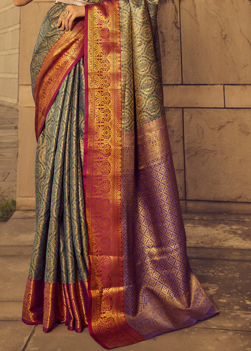 Green & Purple Zari Woven Banarasi Silk Saree
