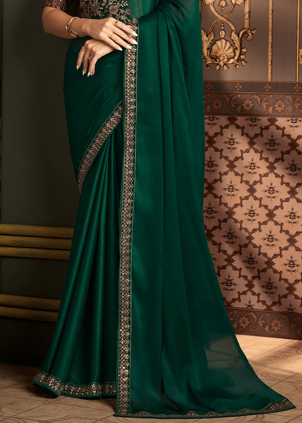 Dark Green Designer Embroidered Silk Saree