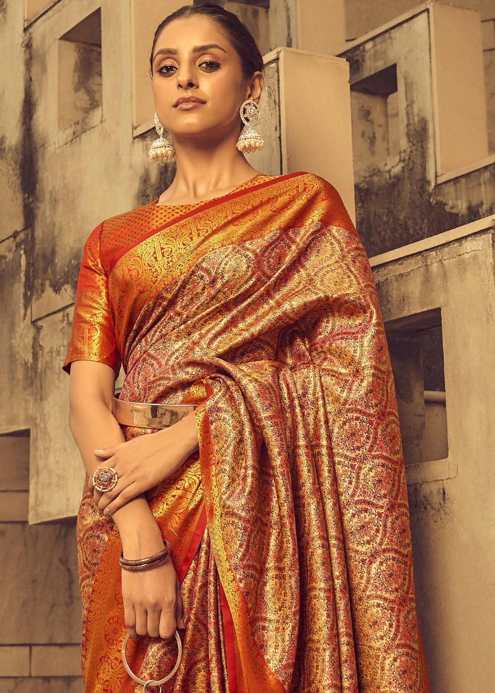 Shades Of Orange Zari Woven Banarasi Silk Saree