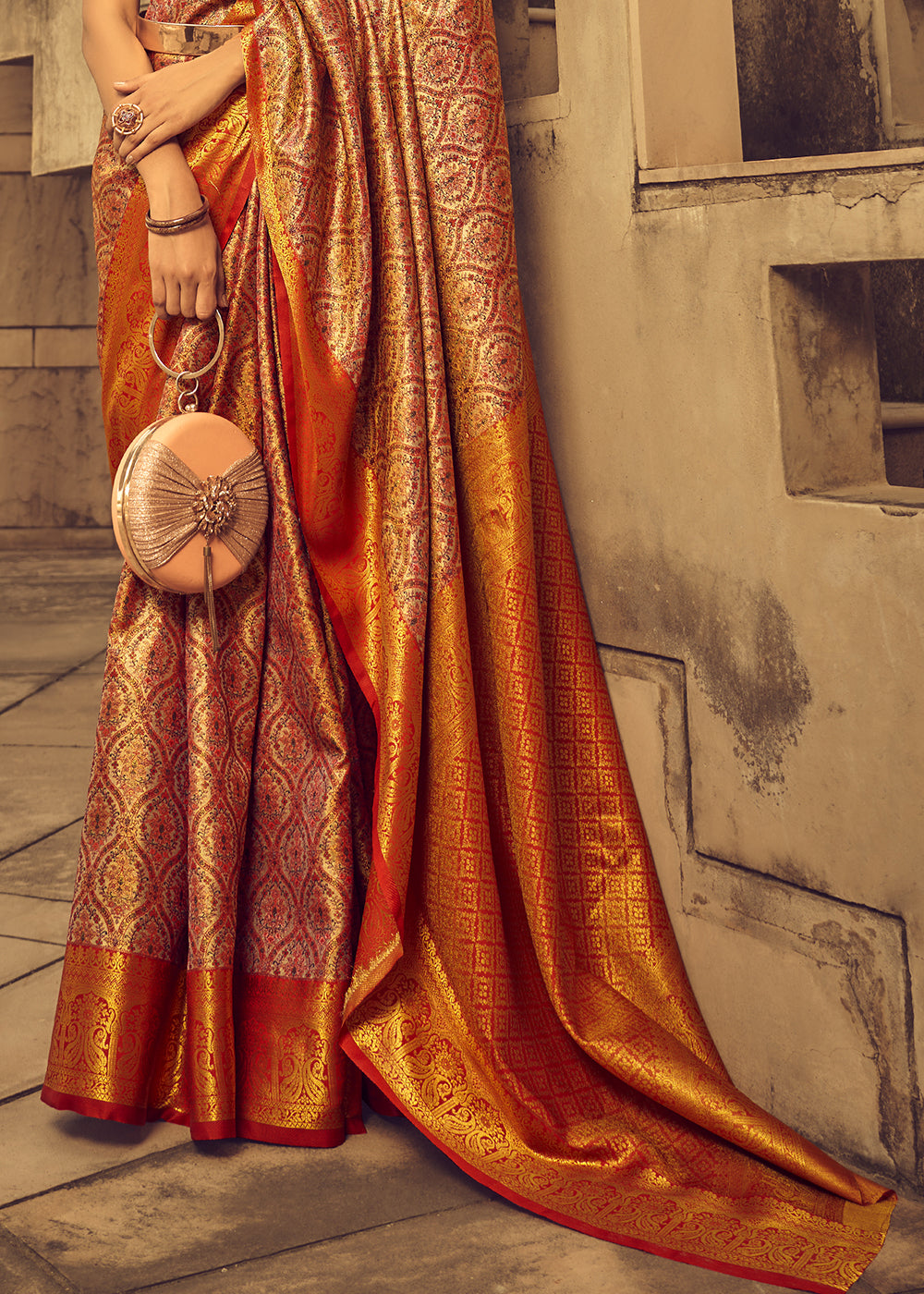 Shades Of Orange Zari Woven Banarasi Silk Saree