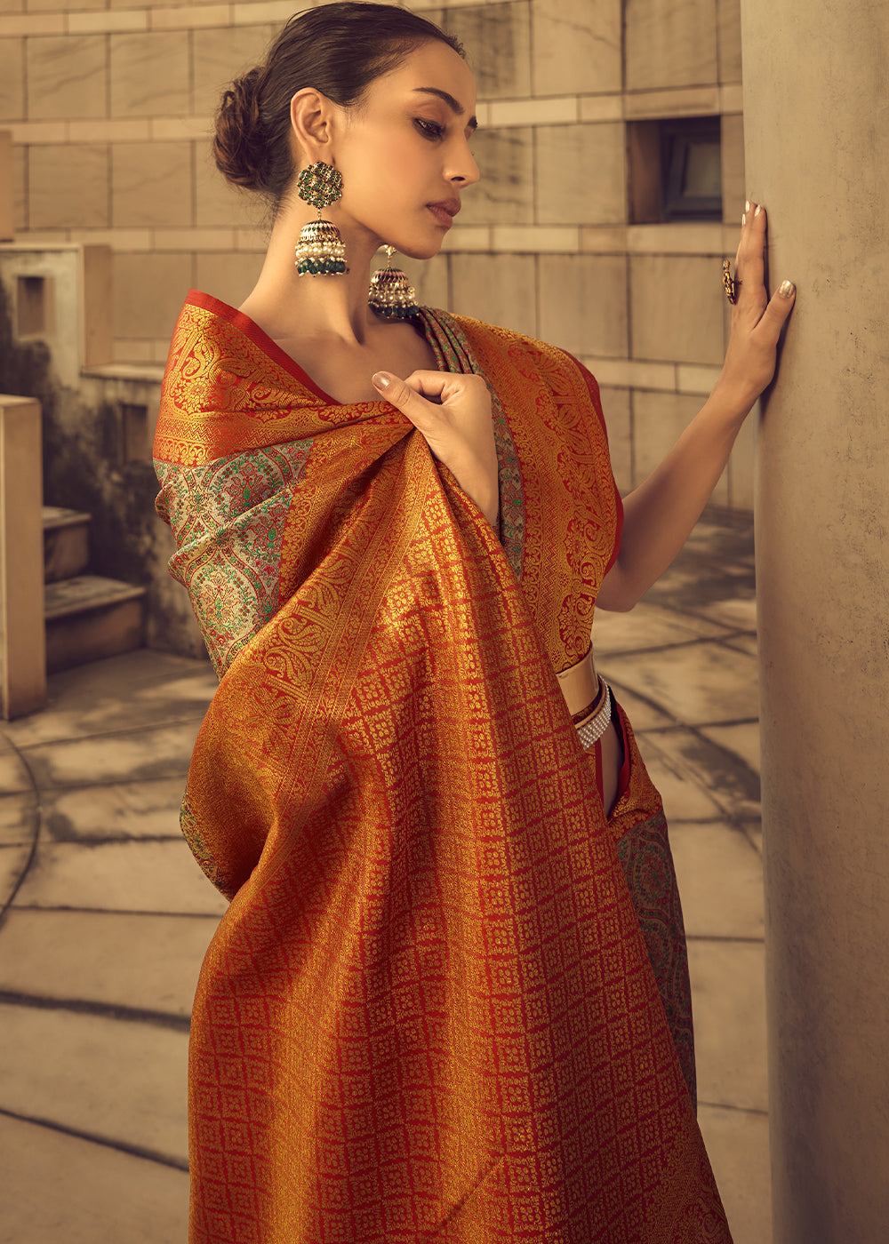 Reddish Orange Zari Woven Banarasi Silk Saree