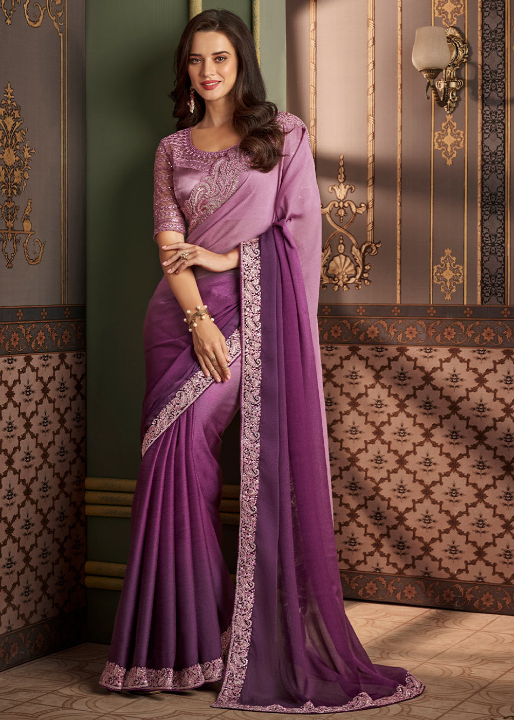 Shades Of Purple Designer Embroidered Silk Saree