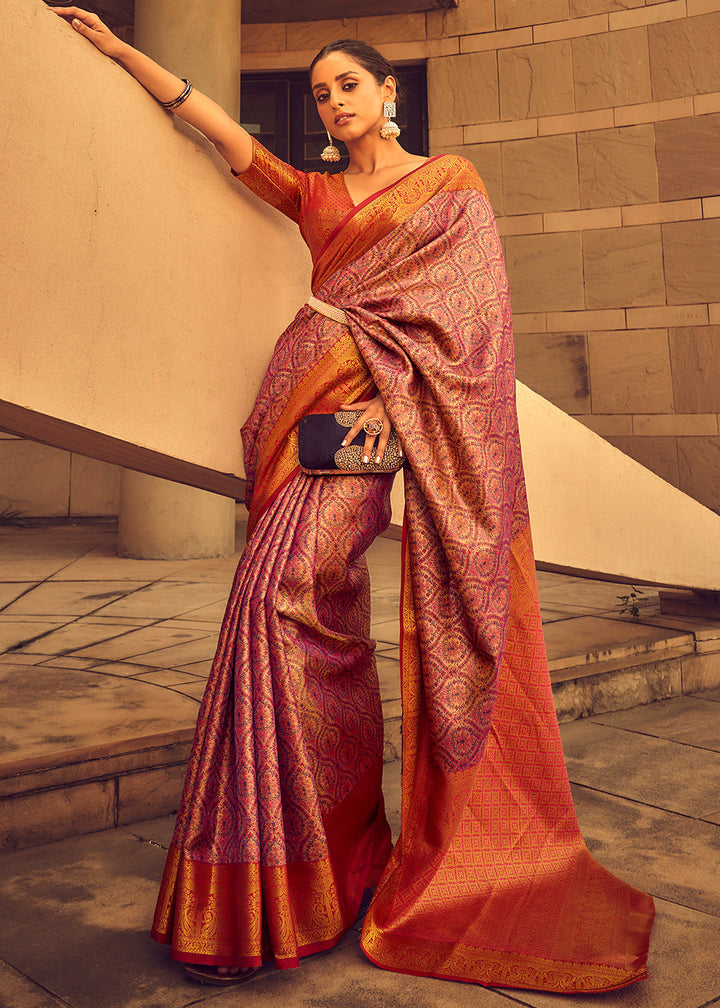 Purple & Red Zari Woven Banarasi Silk Saree