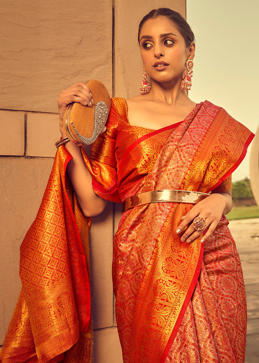 Shades Of Red Zari Woven Banarasi Silk Saree