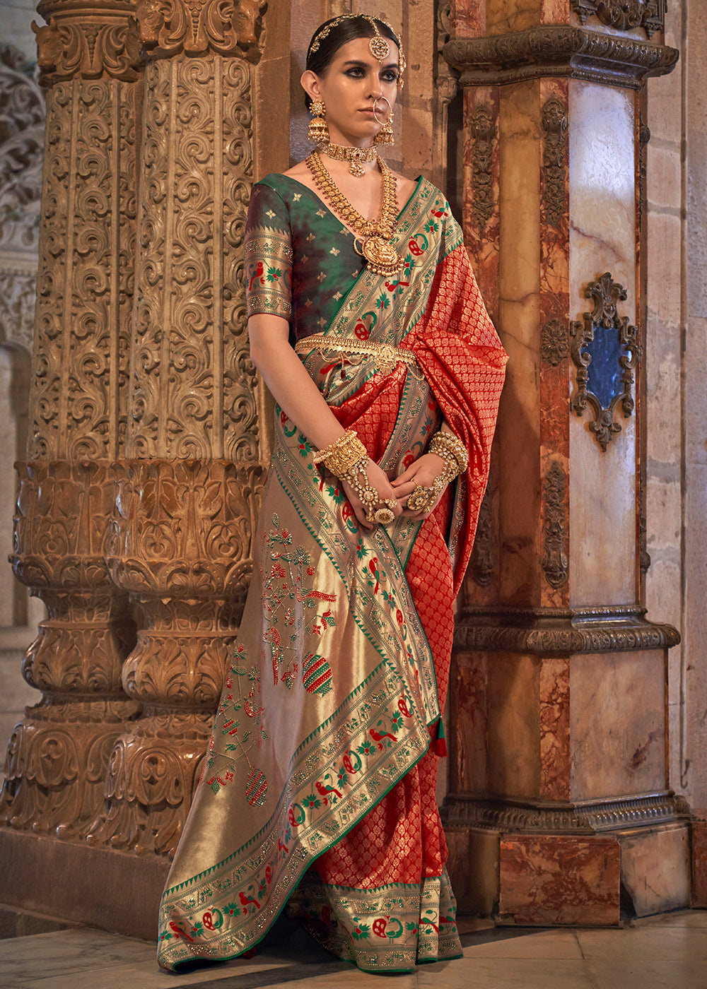 Persian Red Jacquard Woven Banarasi Silk Saree with Stone Work
