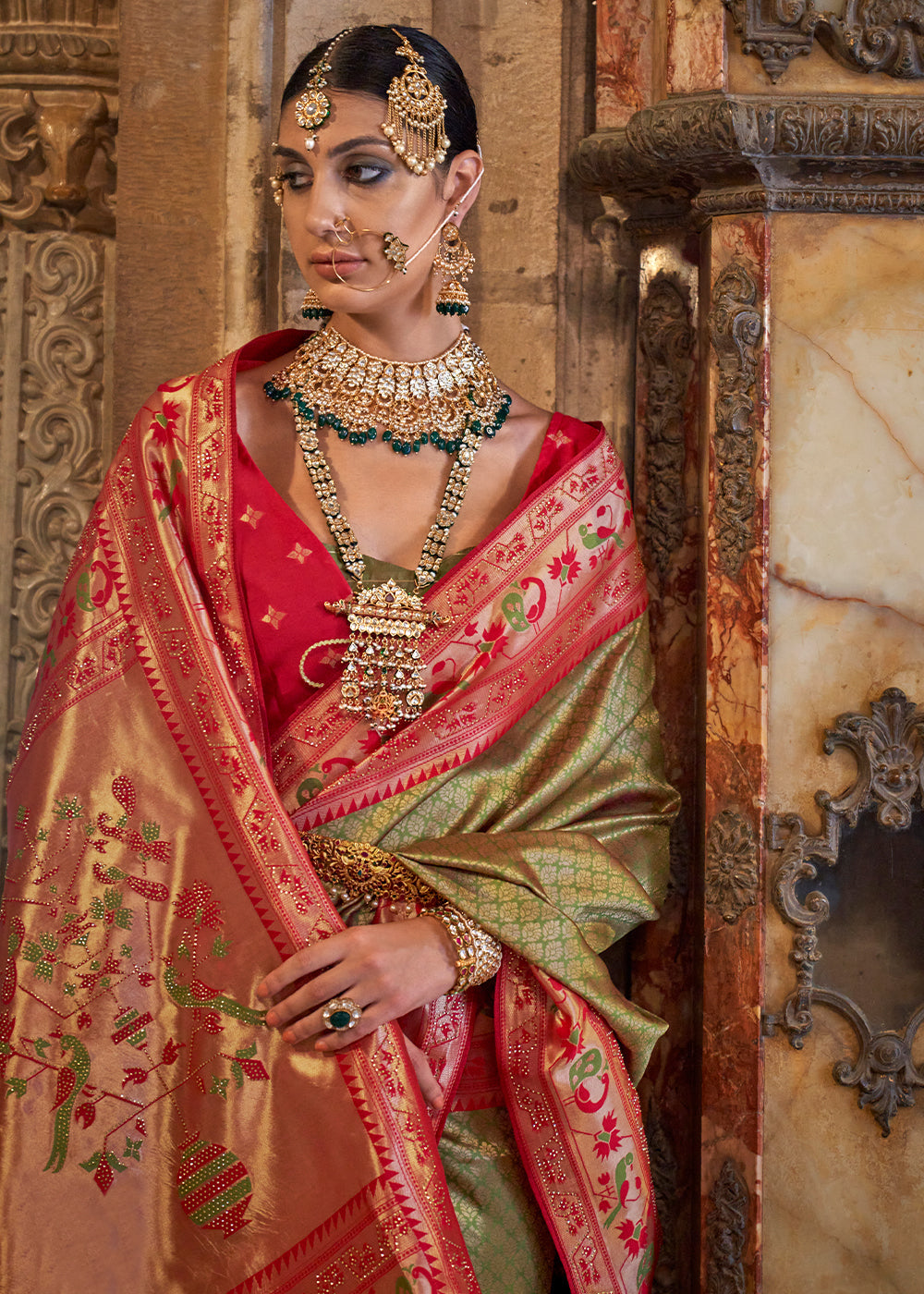 Light Green Jacquard Woven Banarasi Silk Saree with Stone Work