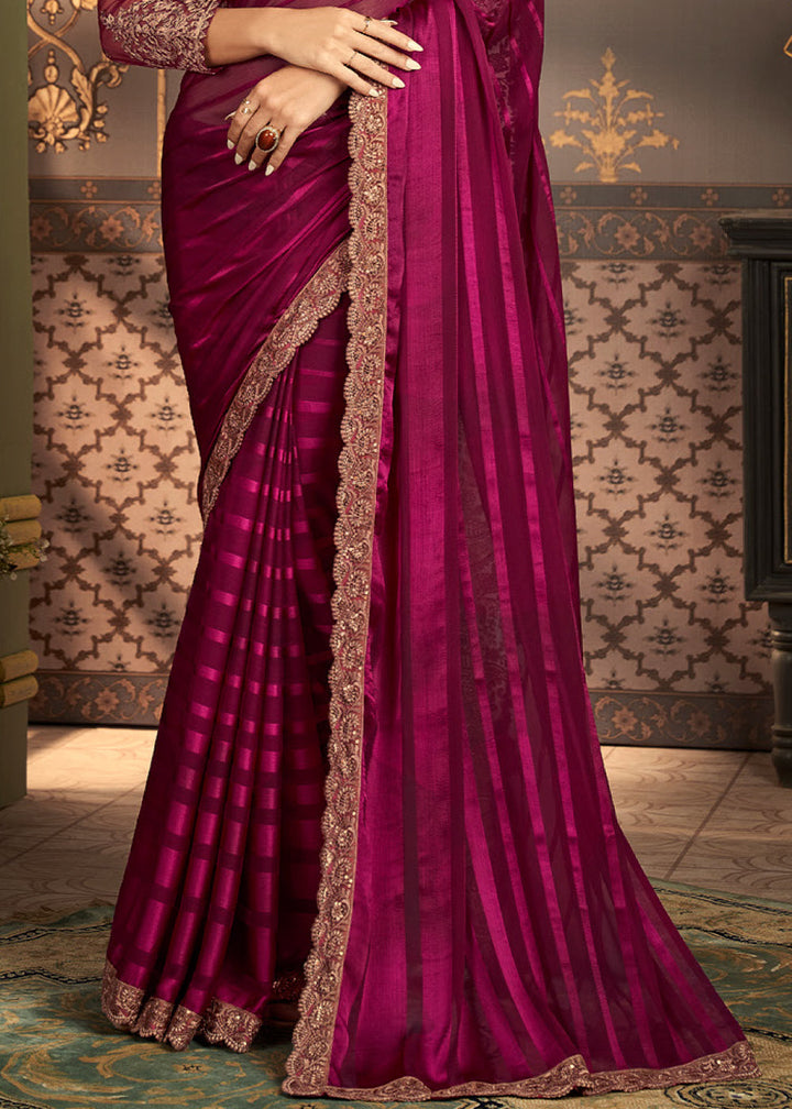 Magenta Purple Designer Embroidered Silk Saree