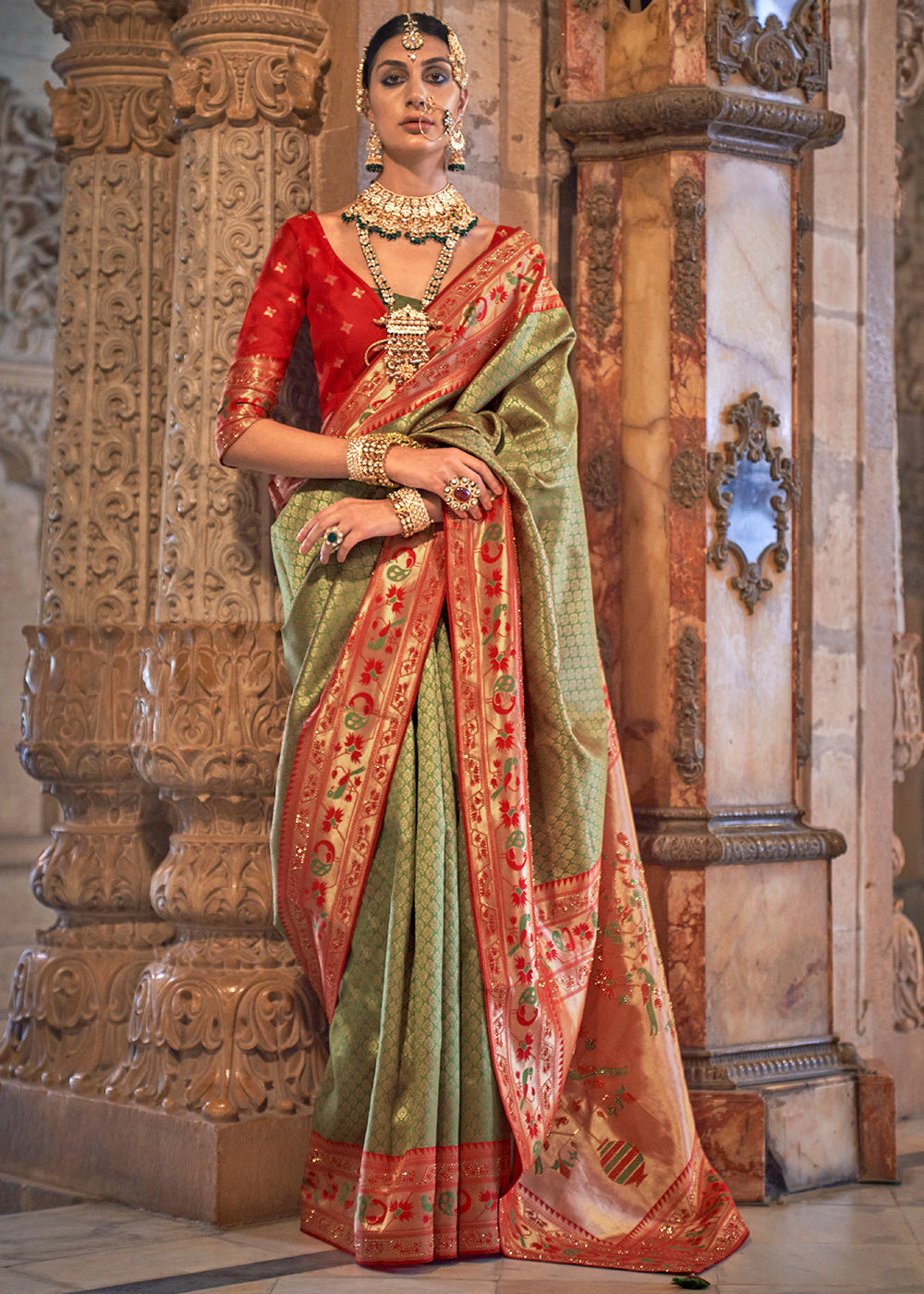 Light Green Jacquard Woven Banarasi Silk Saree with Stone Work