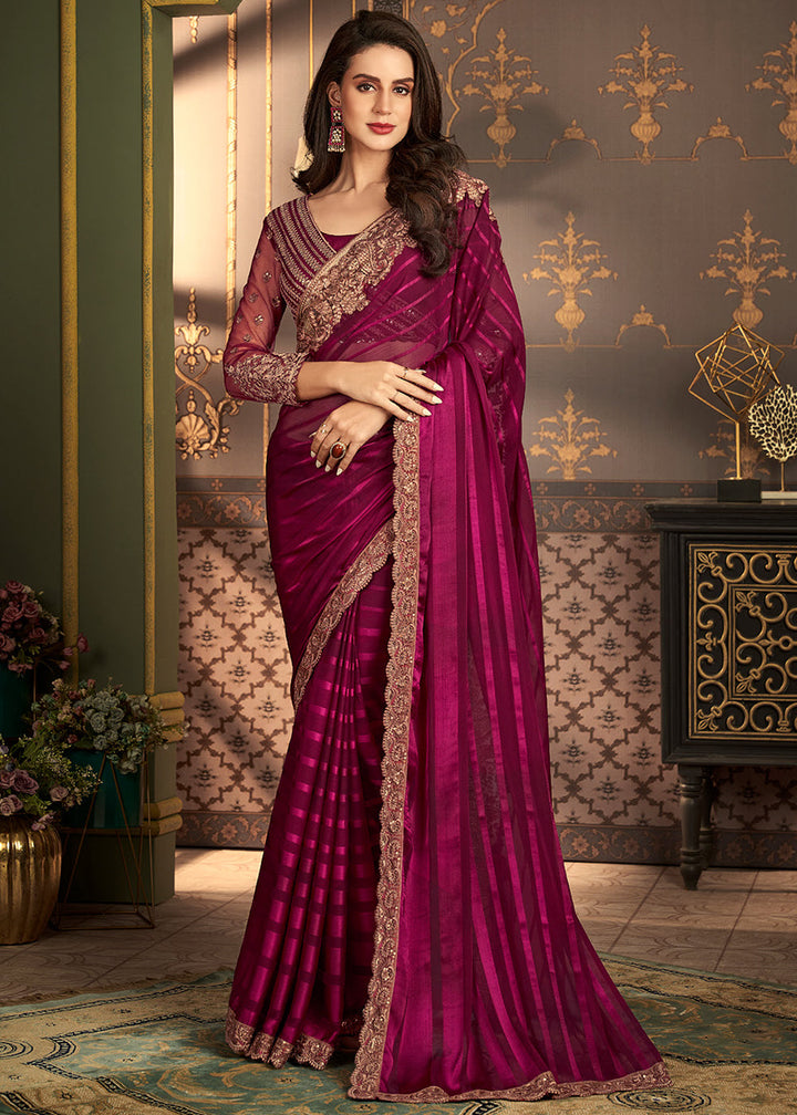 Magenta Purple Designer Embroidered Silk Saree