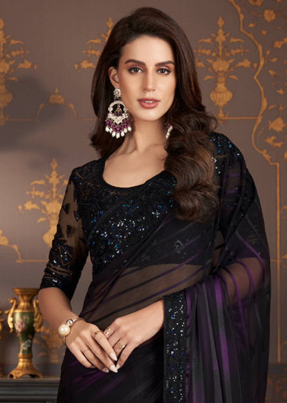 Shades Of Purple Designer Embroidered Silk Saree: Top Pick