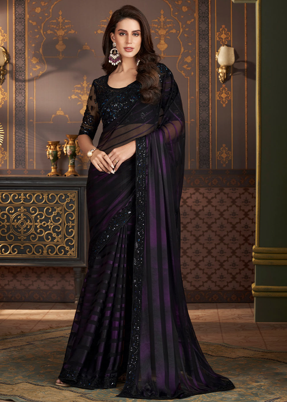 Shades Of Purple Designer Embroidered Silk Saree