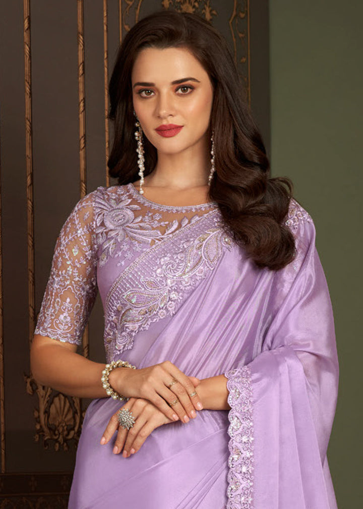 Lilac Purple Designer Embroidered Silk Saree