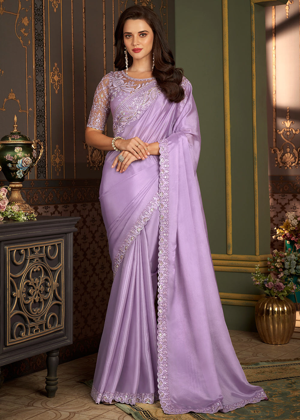 Lilac Purple Designer Embroidered Silk Saree