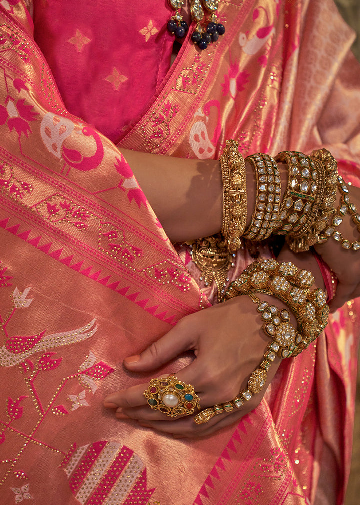 Shades Of Pink Jacquard Woven Banarasi Silk Saree with Stone Work