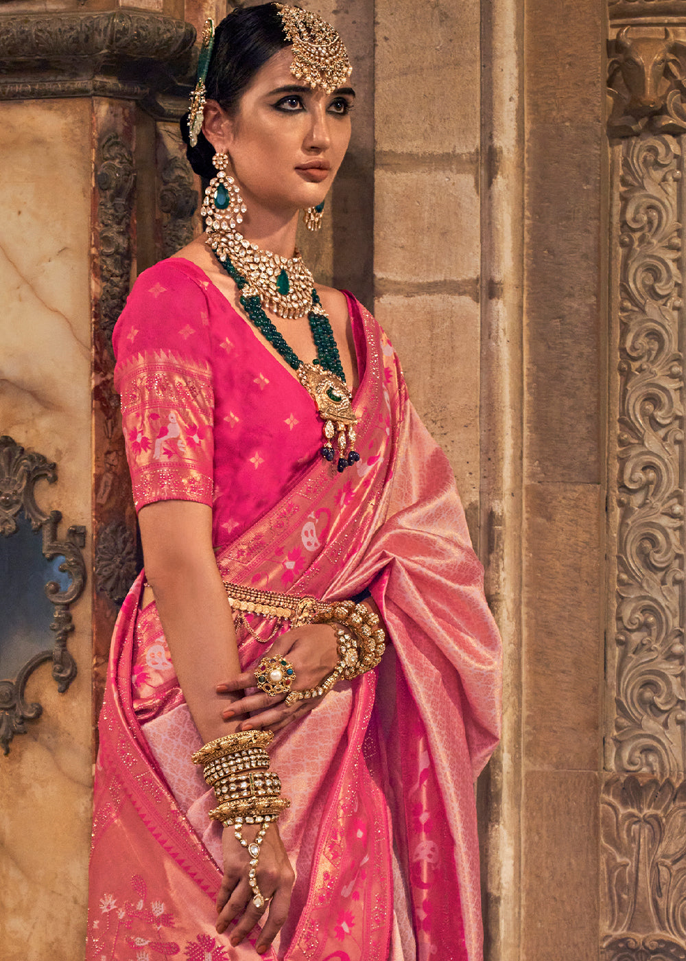 Shades Of Pink Jacquard Woven Banarasi Silk Saree with Stone Work