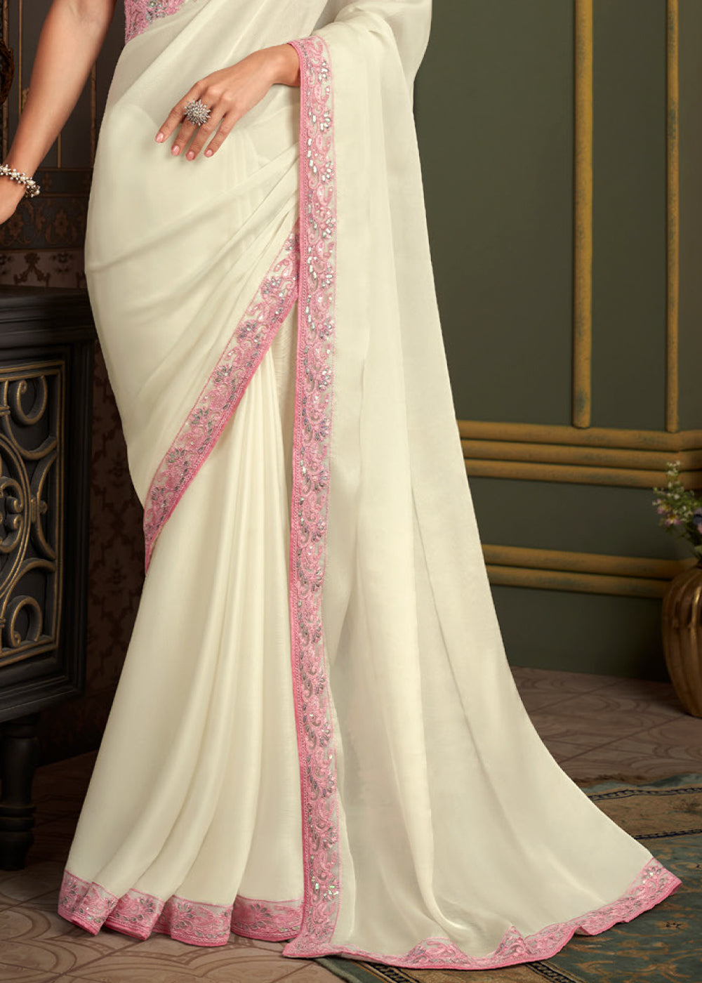 Pearl White Designer Embroidered Silk Saree