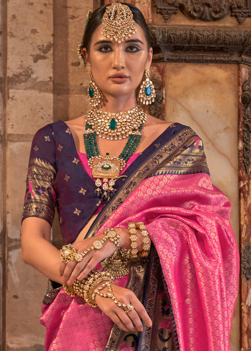 Deep Pink Jacquard Woven Banarasi Silk Saree with Stone Work