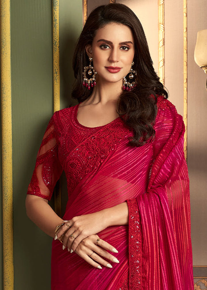 Shades Of Pink & Red Designer Embroidered Silk Saree