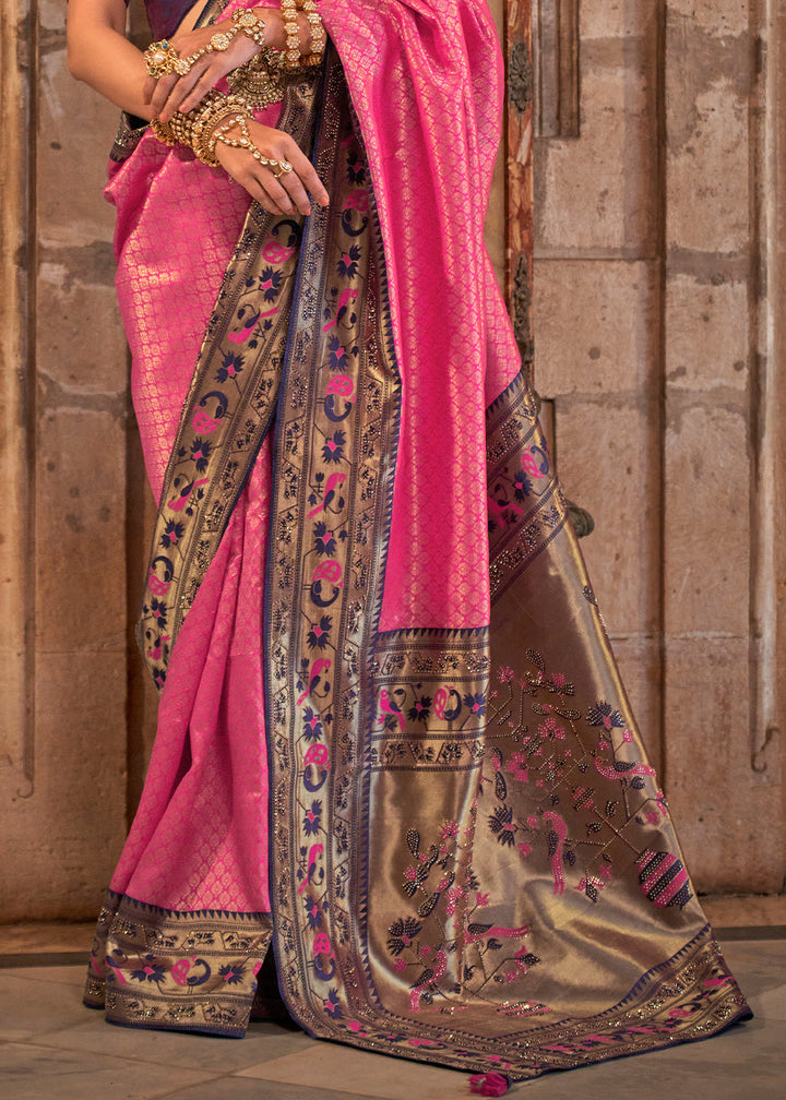 Deep Pink Jacquard Woven Banarasi Silk Saree with Stone Work