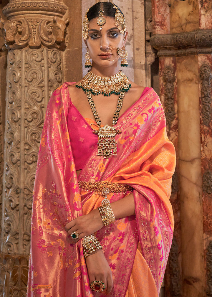 Orange & Pink Jacquard Woven Banarasi Silk Saree with Stone Work