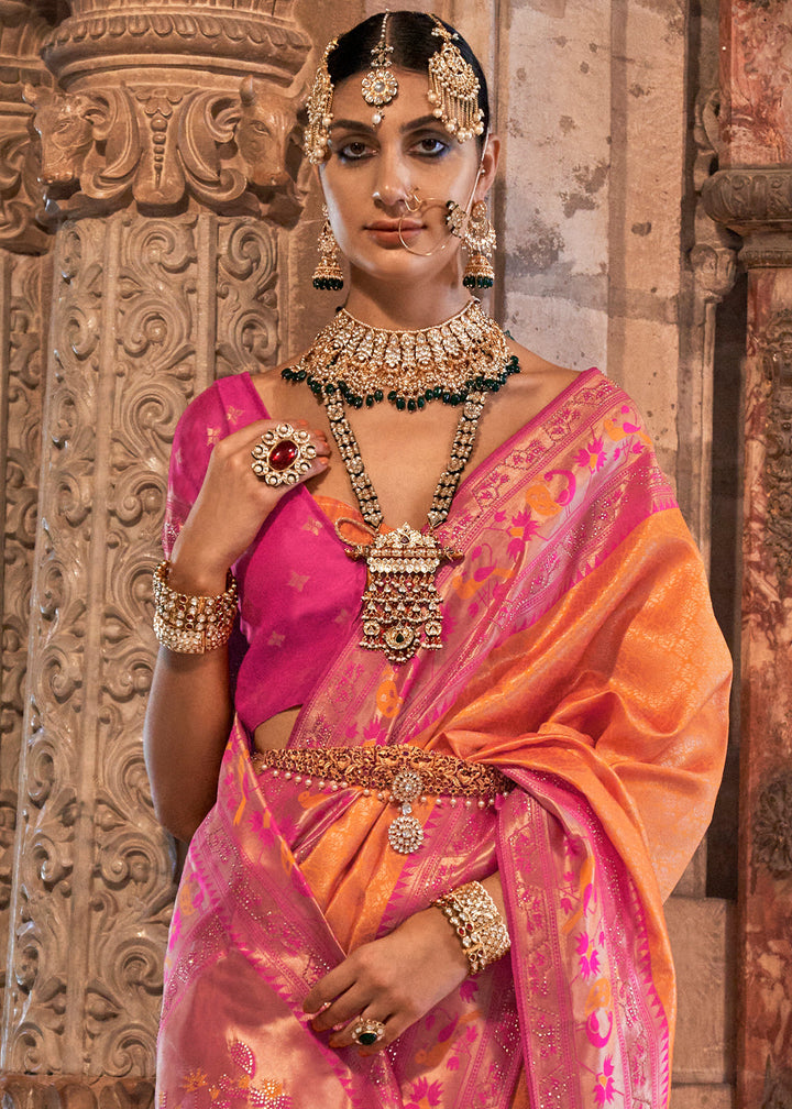 Orange & Pink Jacquard Woven Banarasi Silk Saree with Stone Work