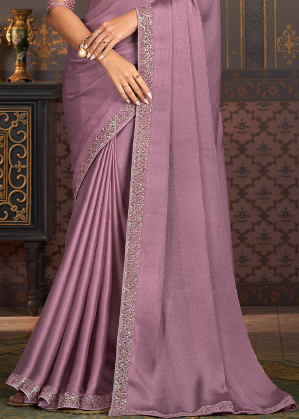 Mauve Purple Designer Embroidered Chiffon Silk Saree