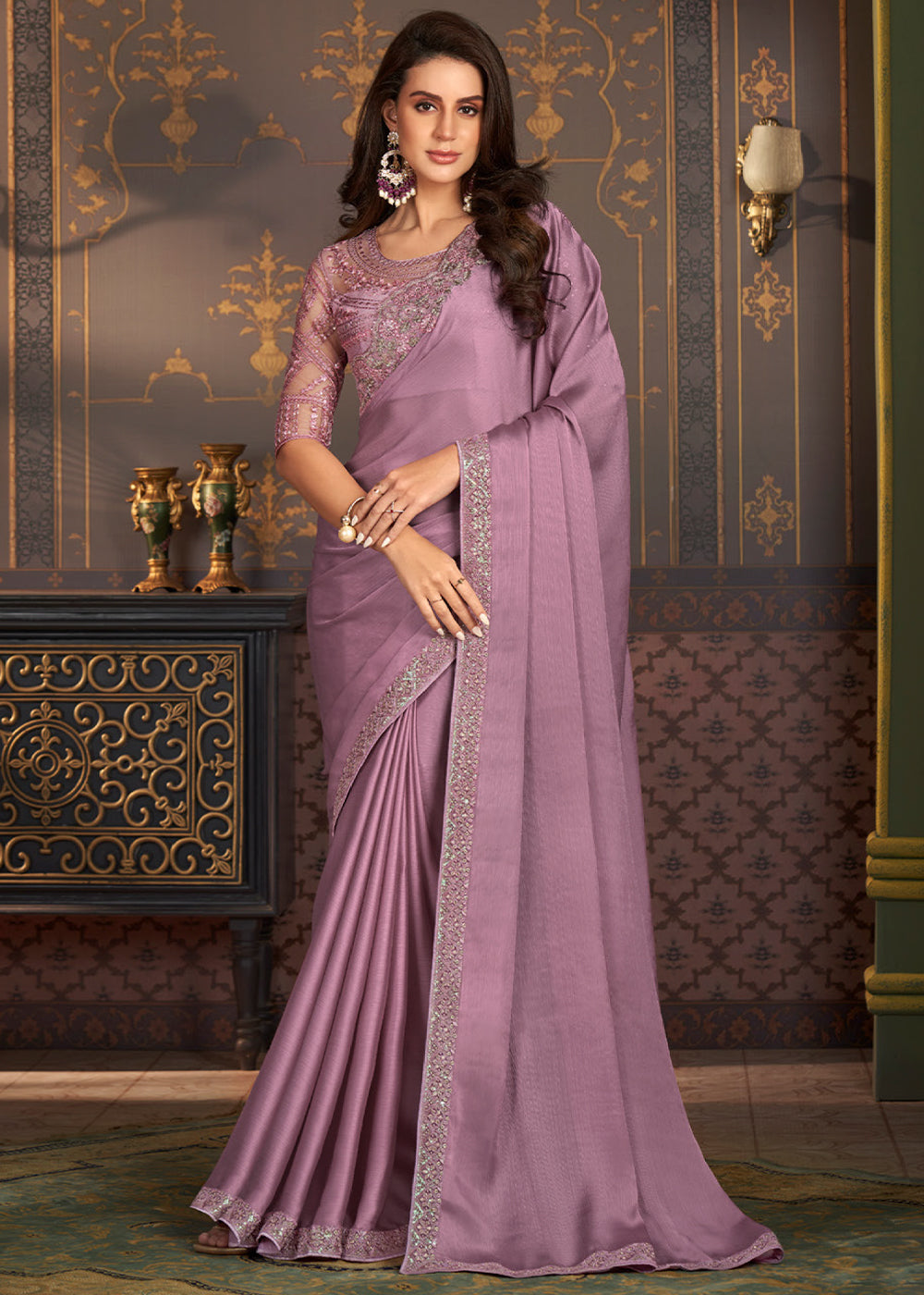 Mauve Purple Designer Embroidered Chiffon Silk Saree
