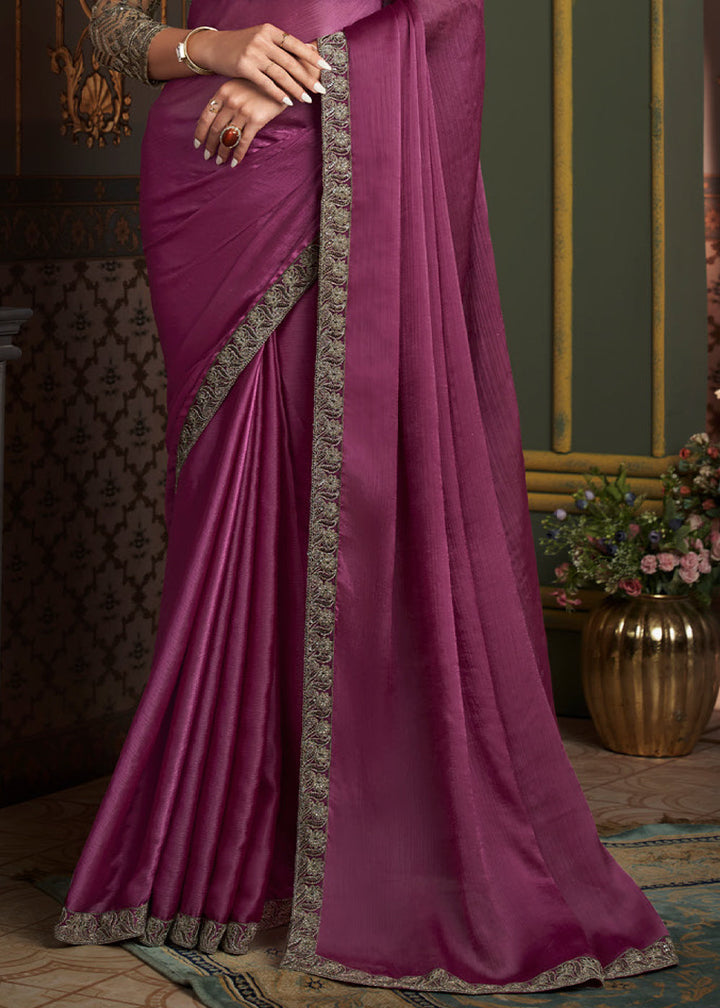 Pinkish Purple Designer Embroidered Chiffon Silk Saree