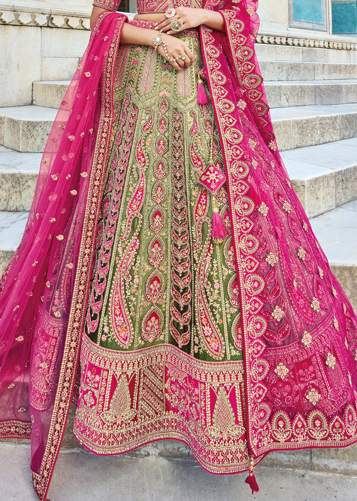 Green & Pink Velvet Lehenga Choli with Heavy Embroidery Work