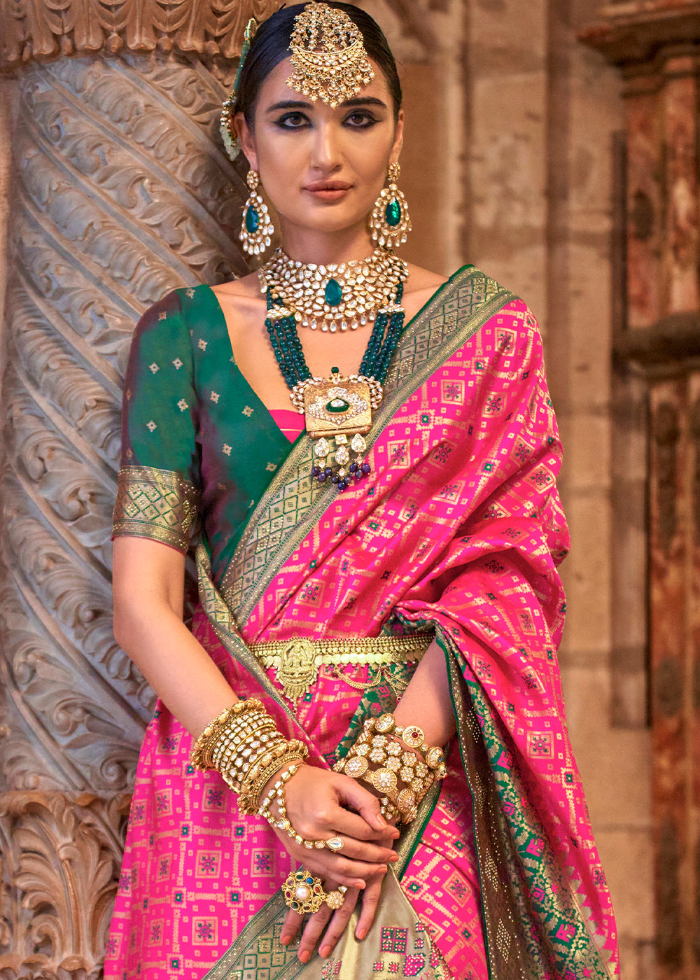 Hot Pink Banarasi Jacquard Silk Saree with Swarvoski work