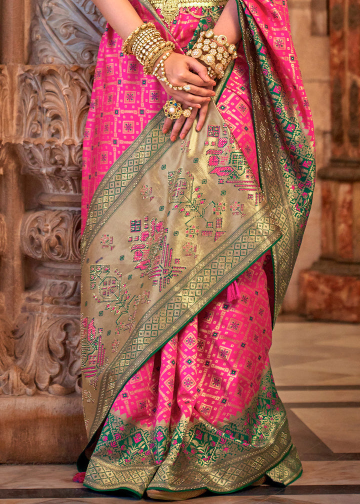 Hot Pink Banarasi Jacquard Silk Saree with Swarvoski work