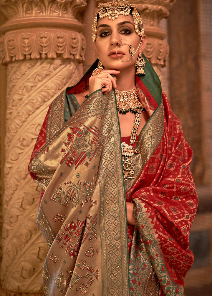 Venetian Red Banarasi Jacquard Silk Saree with Swarvoski work