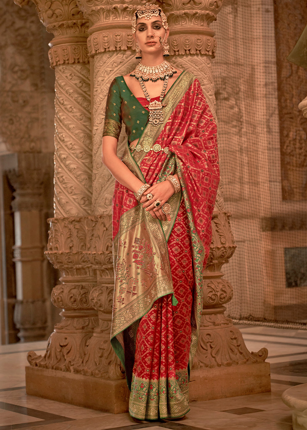 Venetian Red Banarasi Jacquard Silk Saree with Swarvoski work