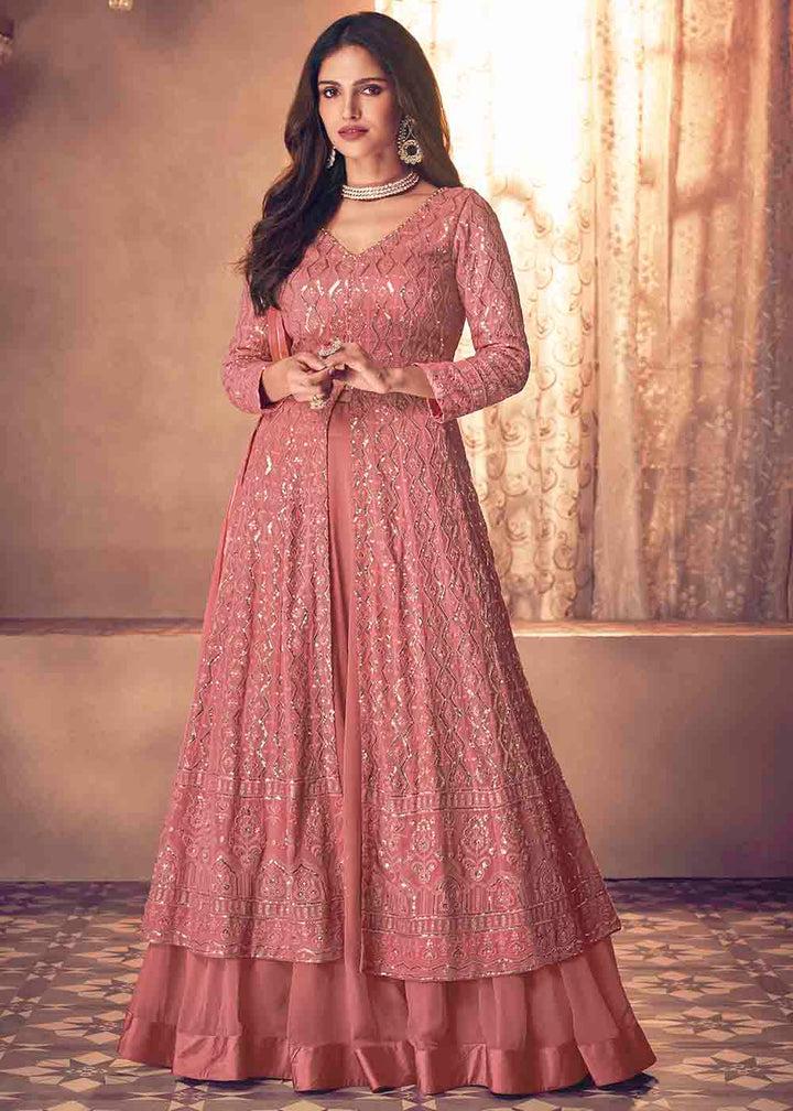 Rouge Pink Georgette Front Slit Cut Lehenga Suit with Embroidery work